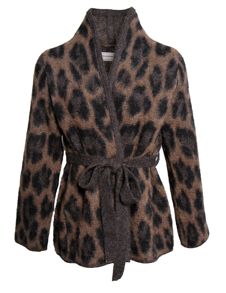 Barðastaðir jakki með belti íslensk ull brúnn með gráu og svörtu hlébarðamynstri