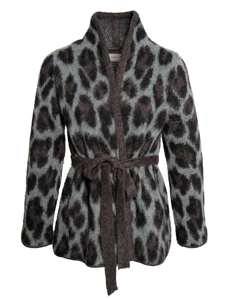 Barðastaðir jakki með belti íslensk ull grænblár með gráu og svörtu hlébarðamynstri